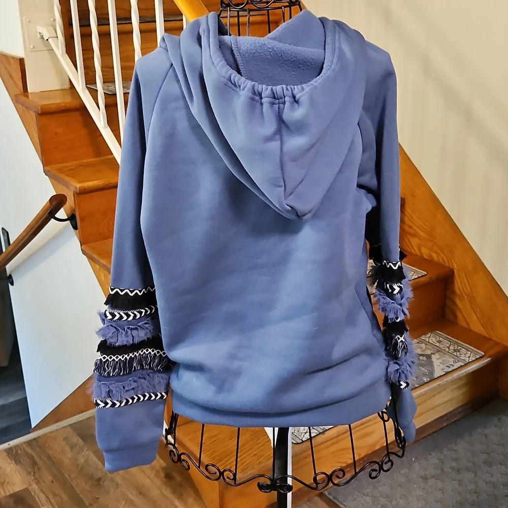 👚Blue Hooded Women's Sweater with Decorative Sleeve Trim